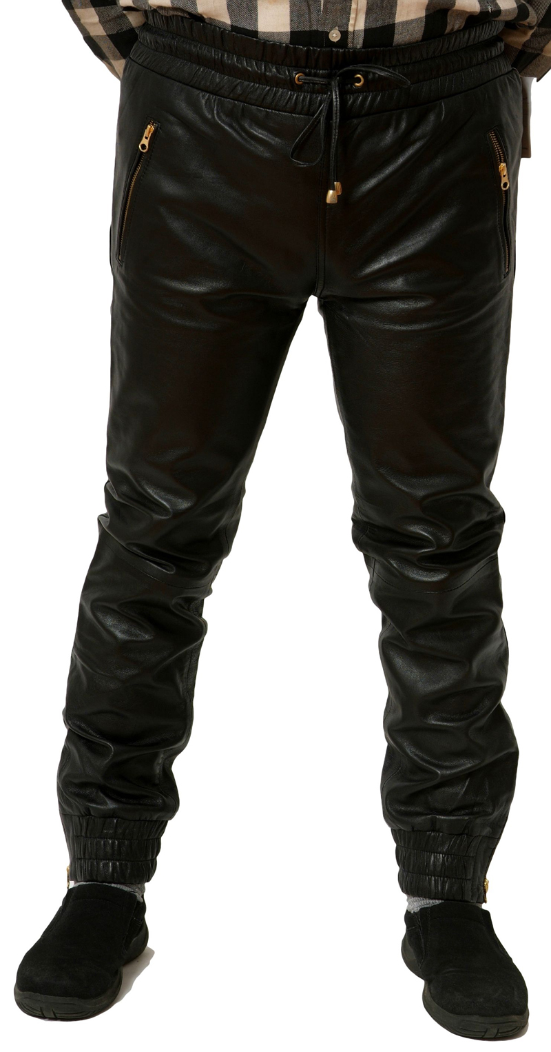 Our Mens Leather Joggers in black on a model, front view