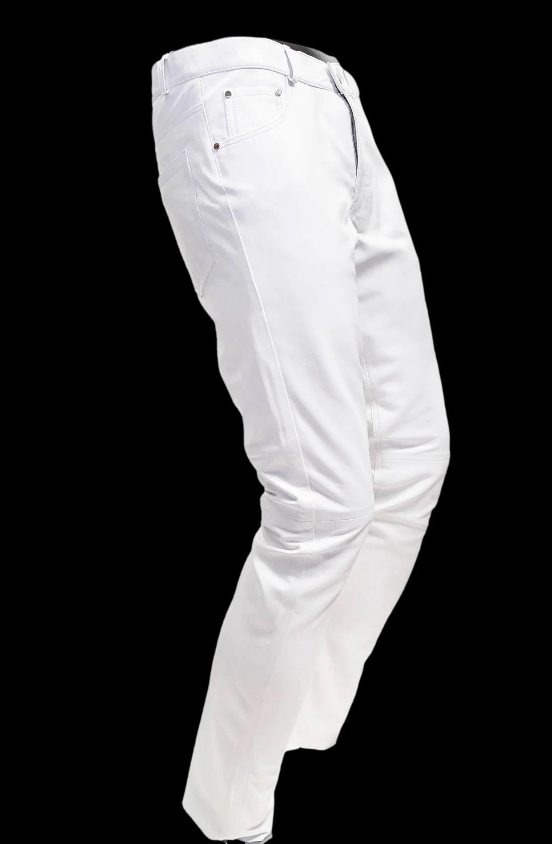 mens white leather jeans