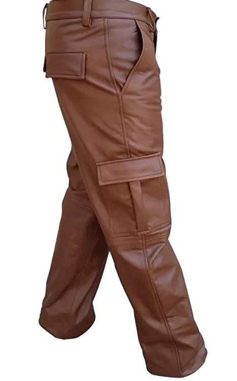 Picture of our brown leather cargo pants, side view.