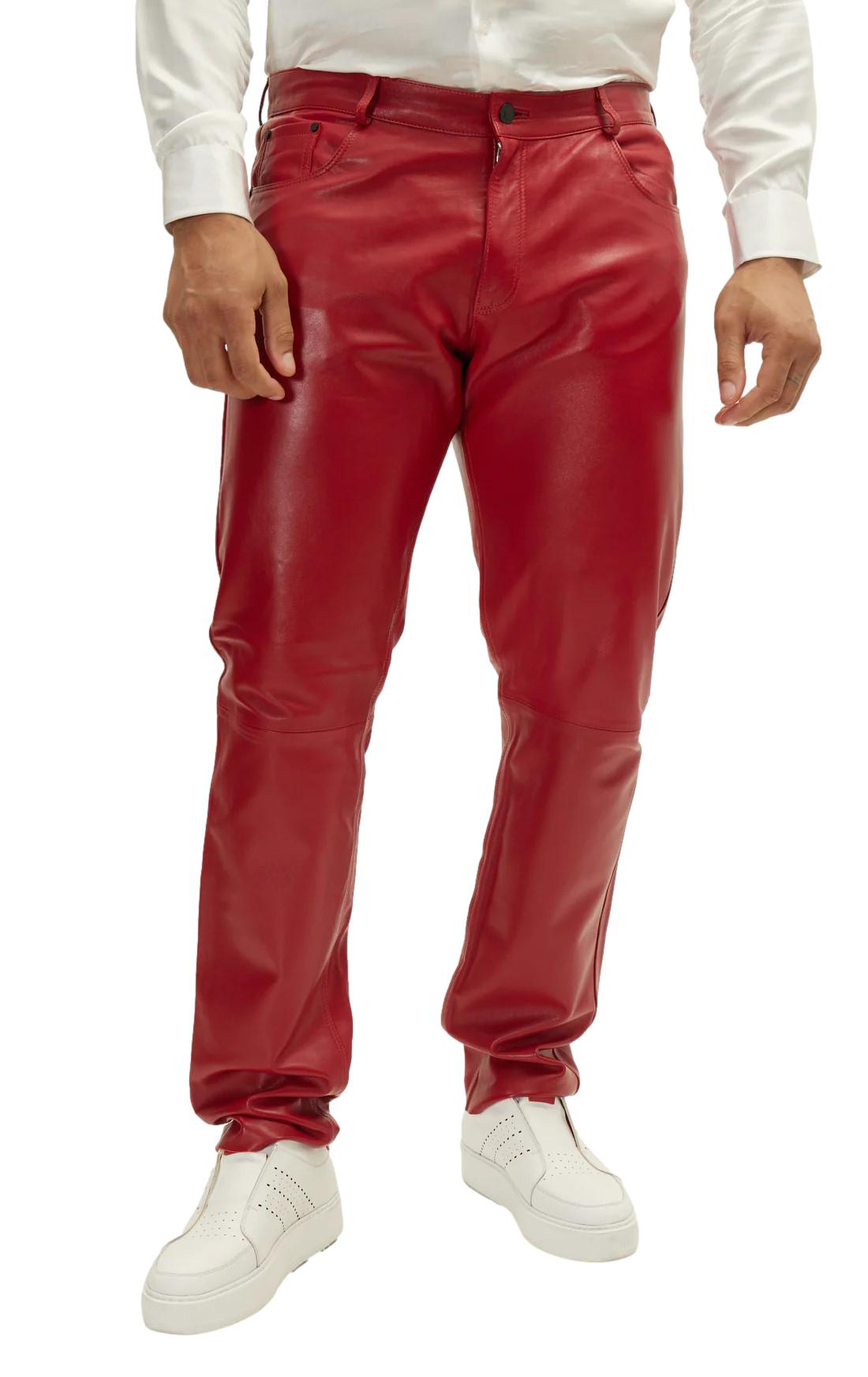 Picture of a model wearing our Men's Red Leather pants, front view.