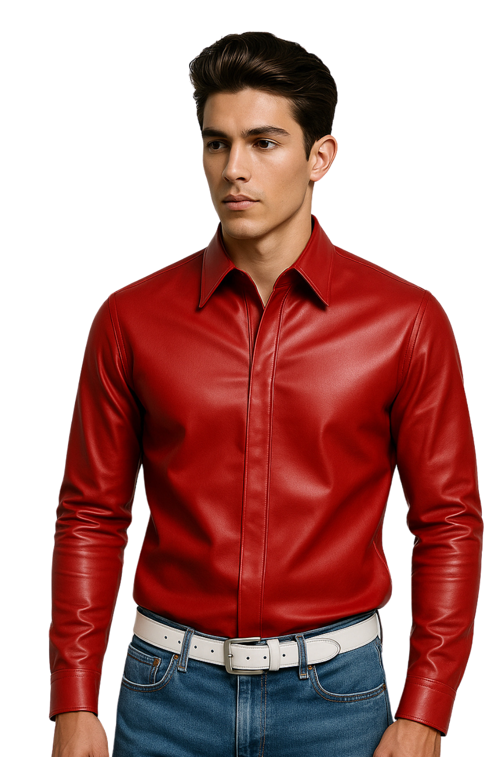 Picture of a model wearing our Men's Red Leather Shirt, front view.