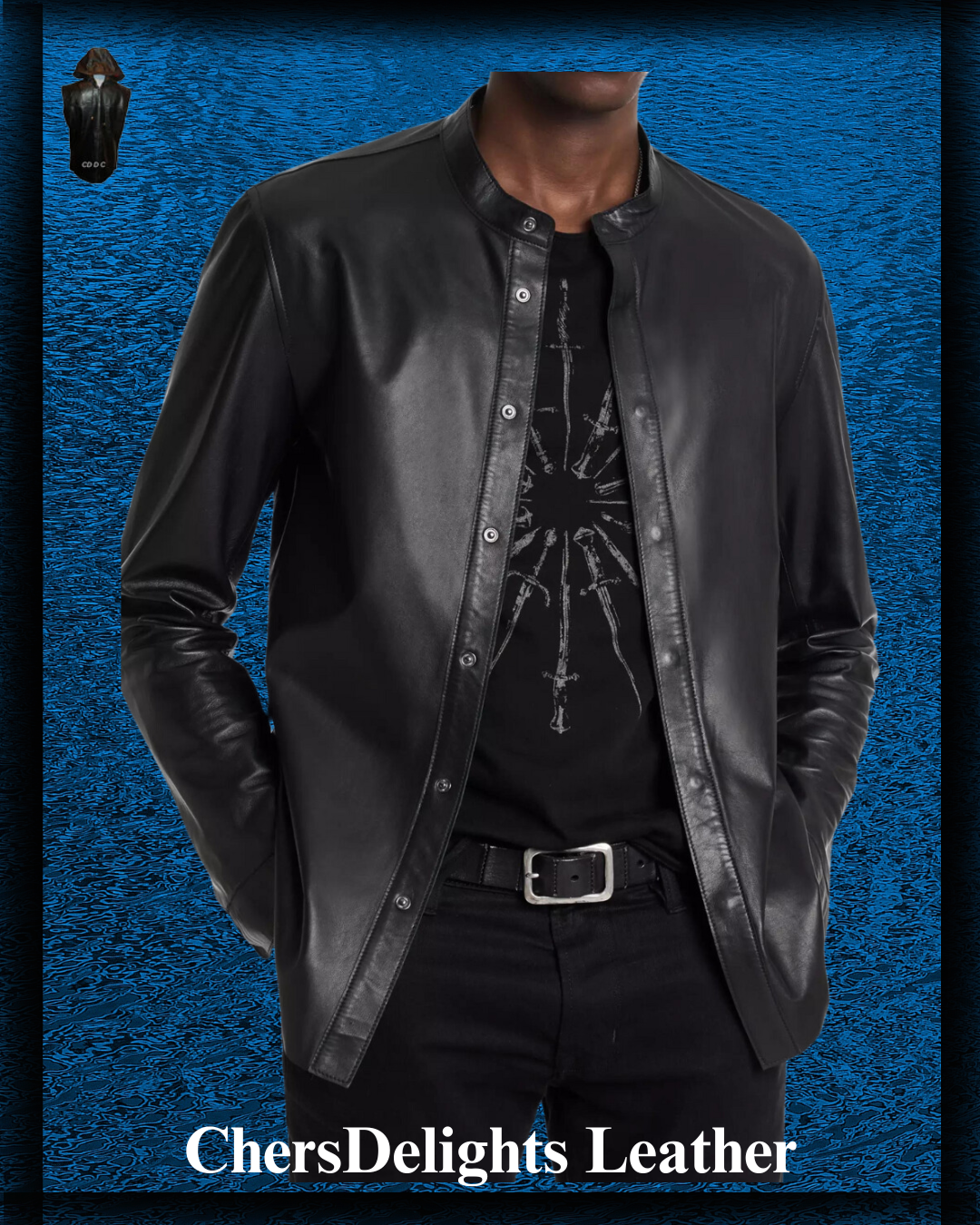Black Leather Shirt on a model, front view.