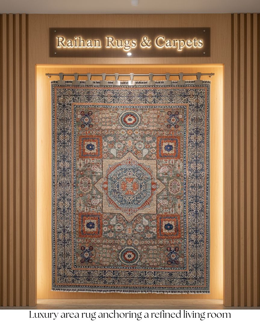 Luxury area rug anchoring a refined living room
